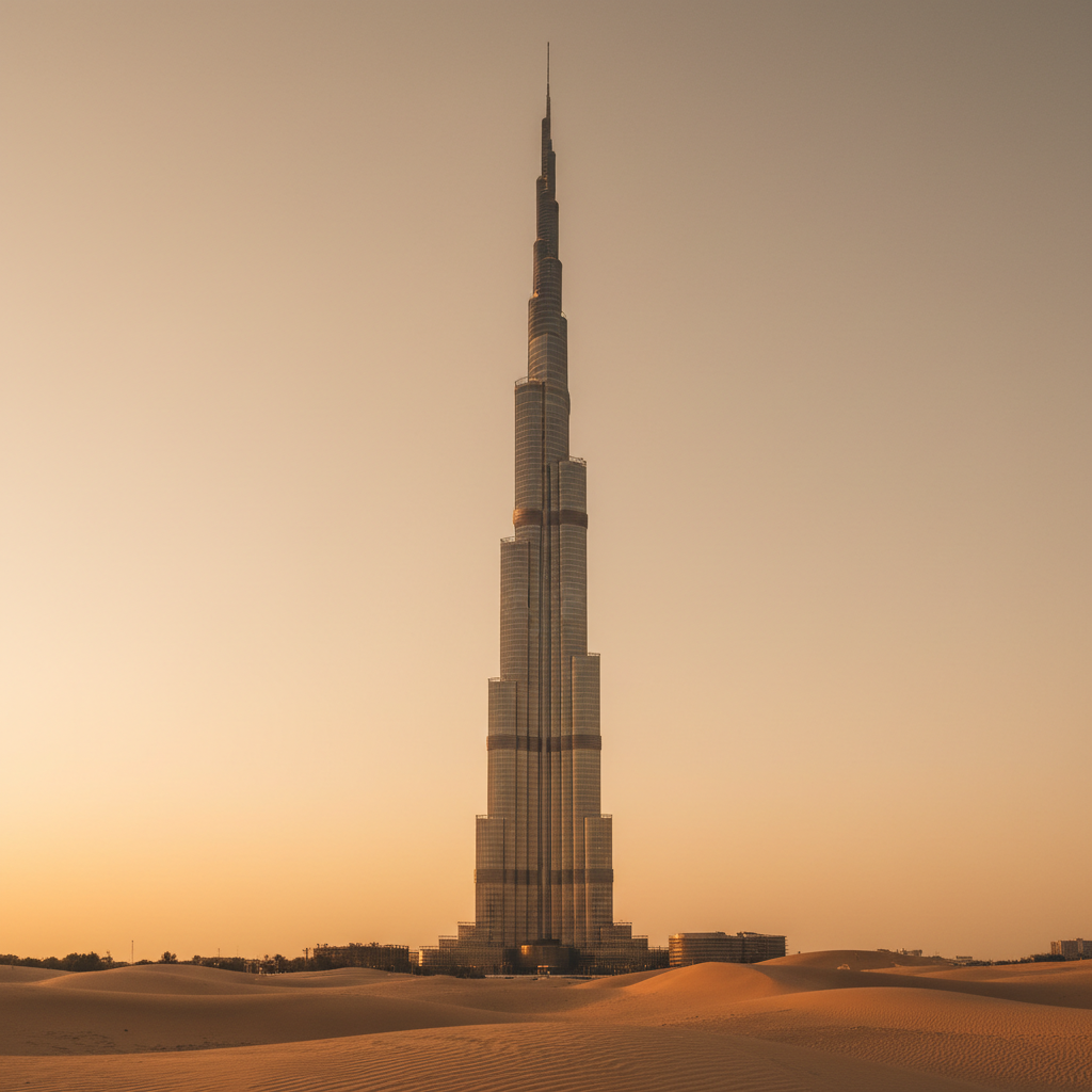 Burj Khalifa tower centered and symmetrical against a warm golden beige sky, architectural photography, warm brown and sand tones, no people, no text, no watermarks, minimalist composition, the tower perfectly centered in frame, golden hour light, desert warmth