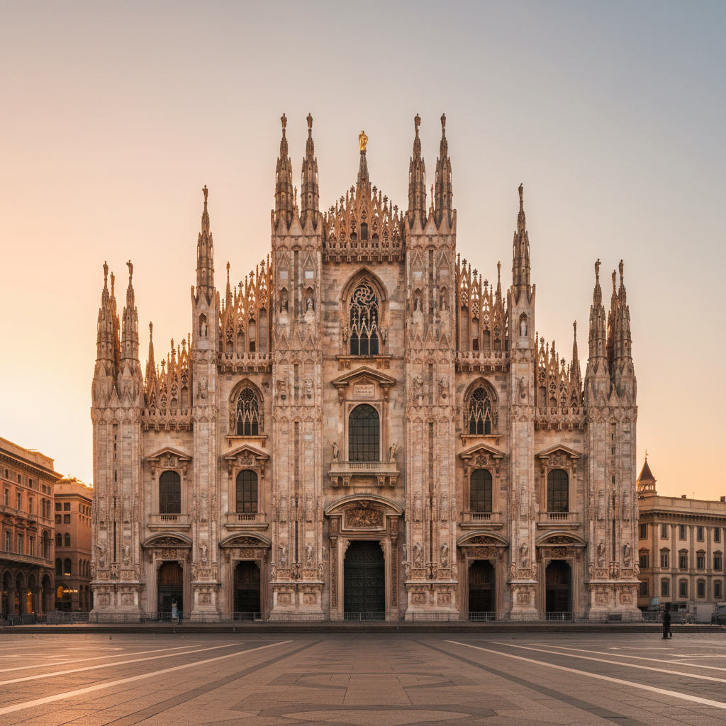 Milan Duomo cathedral perfectly centered and symmetrical, shot straight on from Piazza del Duomo, warm golden hour light, brown and beige stone tones, no people, no text, no watermarks, architectural photography, landmark fills the frame symmetrically